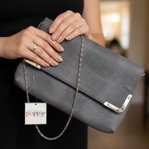 Poppie Jones Gray Croc Embossed Clutch Purse Silver Chain Shoulder Bag NWT